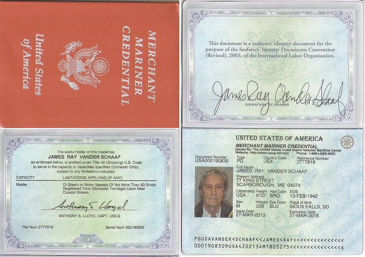 USCG Master's License for James R Vander Schaaf